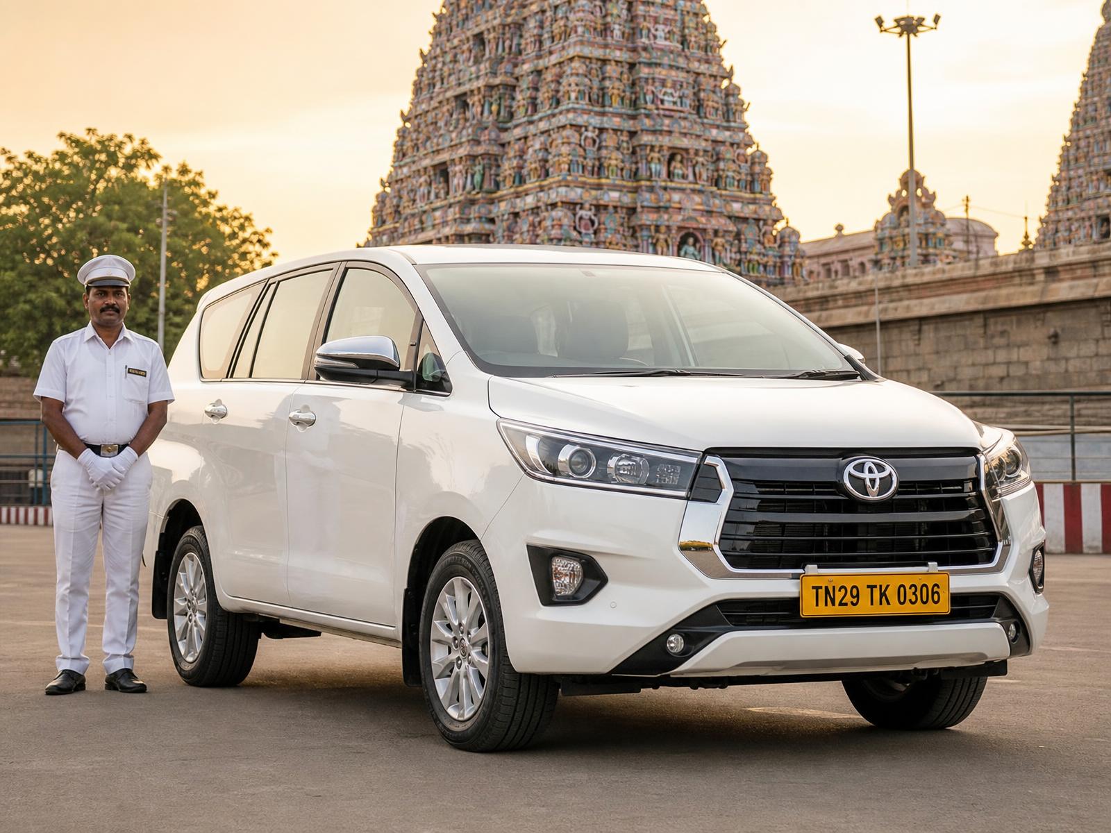 Pure white 2026 Toyota Innova Crysta with Tamil Nadu yellow commercial taxi plate TN29 TK 0306 — Grand Tourer