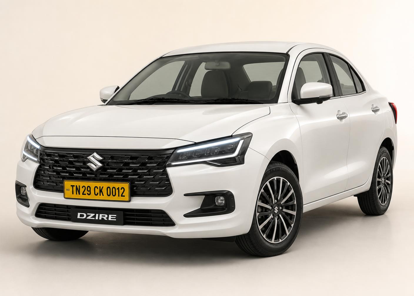 Pure white 2026 Maruti Suzuki Dzire ZXI with Tamil Nadu yellow commercial taxi plate TN29 CK 0012 — Executive Sedan