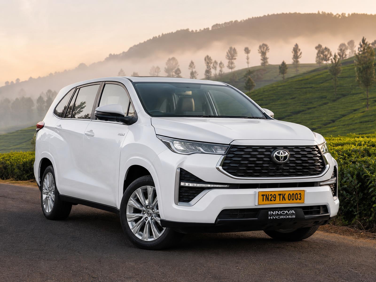 Pure white 2026 Toyota HyCross with Tamil Nadu yellow commercial taxi plate TN29 TK 0003 — Flagship Luxury
