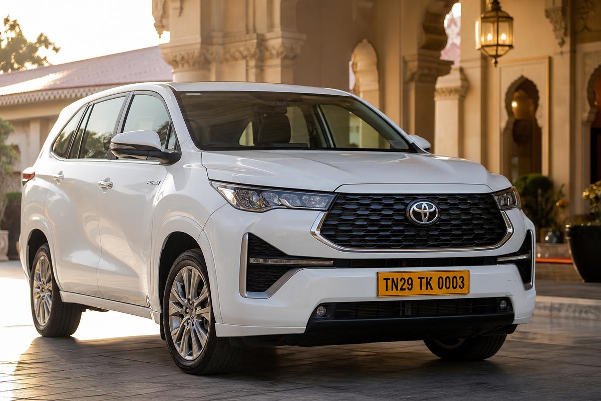 Front three-quarter of a pearl white Toyota HyCross chauffeur taxi, yellow Tamil Nadu commercial number plate TN29 TK 0003, at a Tamil Nadu heritage hotel portico in Dharmapuri — POLAAMAA™ Flagship Luxury