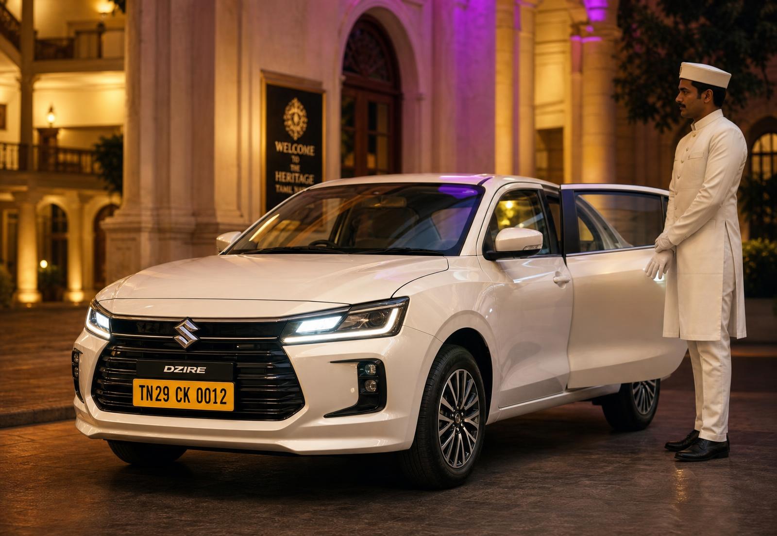 Indian chauffeur in white uniform opening the door of POLAAMAA™'s white 2026 Maruti Suzuki Dzire, registration TN29 CK 0012, at a heritage hotel portico